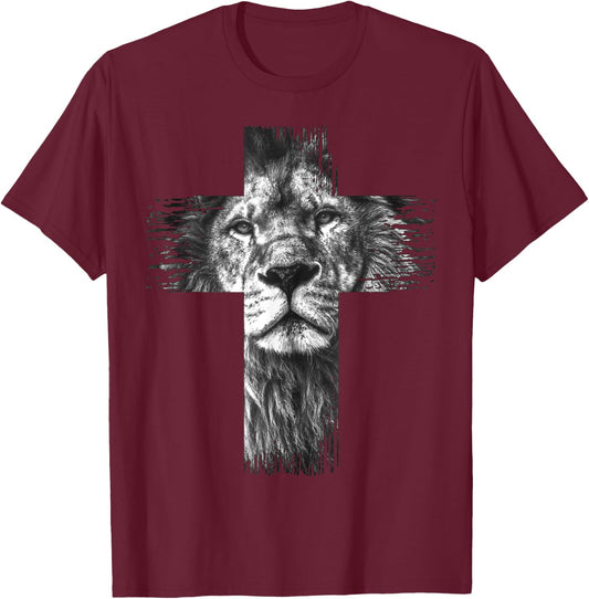 Christian Jesus Lion of Tribe Judah Cross Gift Women T-Shirt - T-Shirt | Maroon