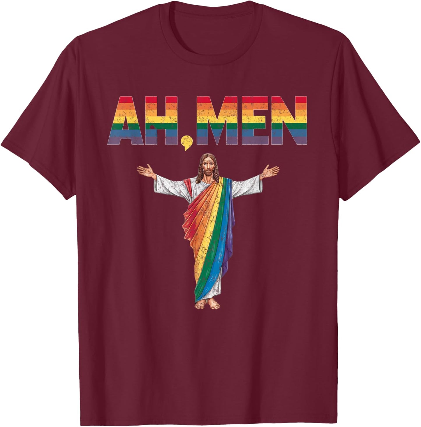 Ah-Men Funny Gay Pride Rainbow Jesus Graphic T-Shirt - T-Shirt | Maroon