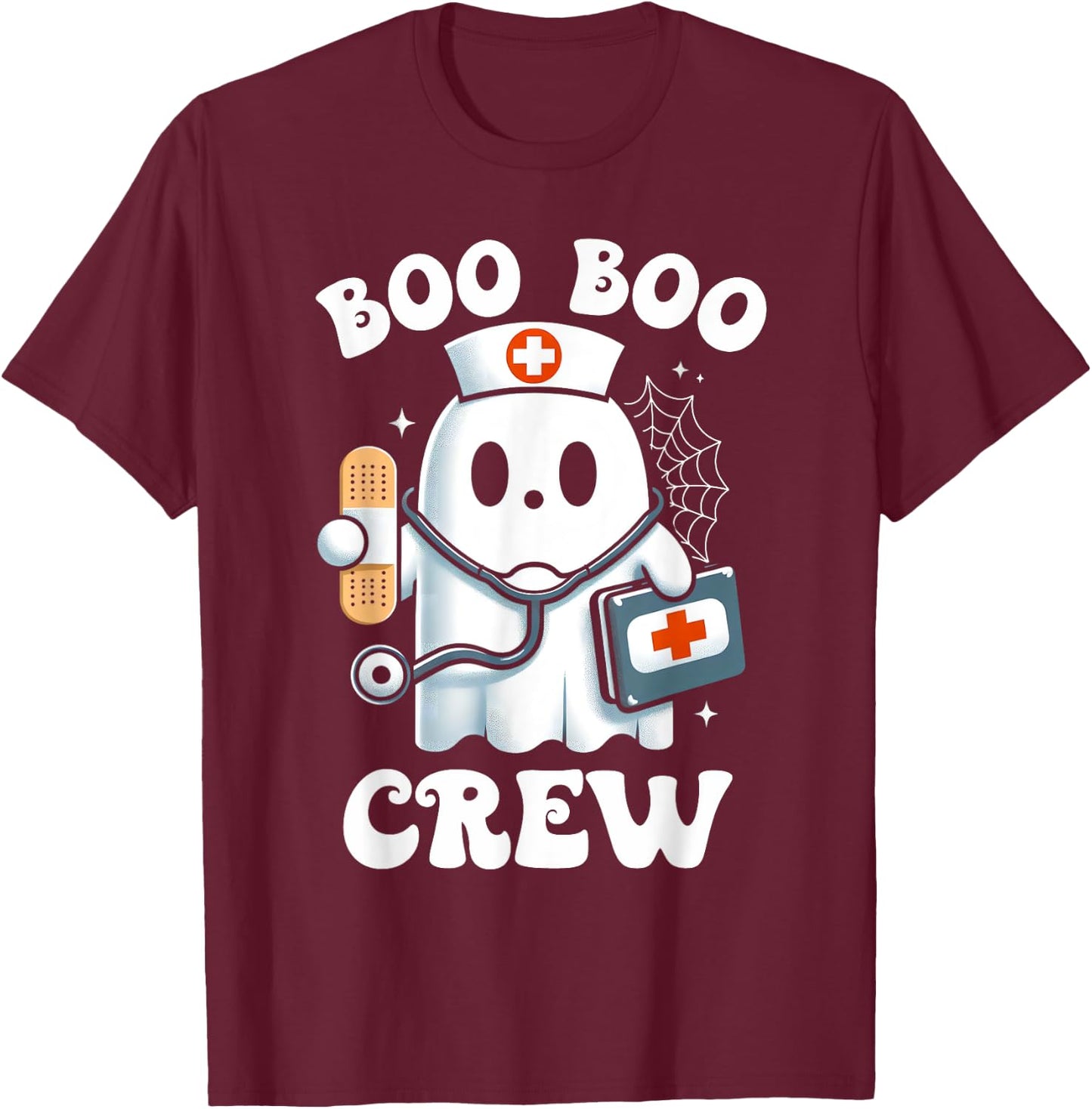 Boo Boo Crew Ghost Nurses Halloween Costume Scrub Top Women T-Shirt - T-Shirt | Maroon