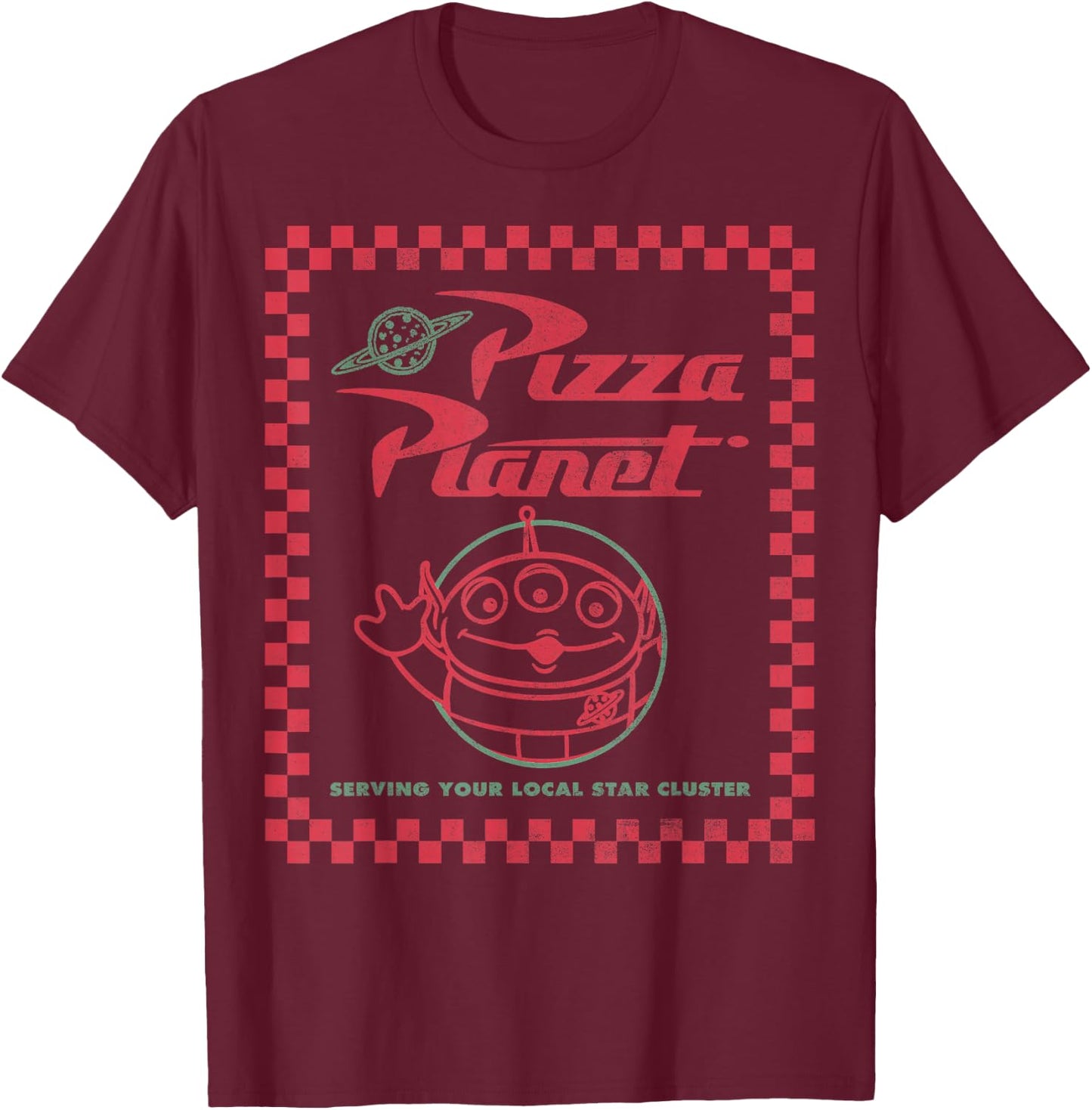 Disney Pixar Toy Story Alien Pizza Planet Box Art T-Shirt - T-Shirt | Maroon
