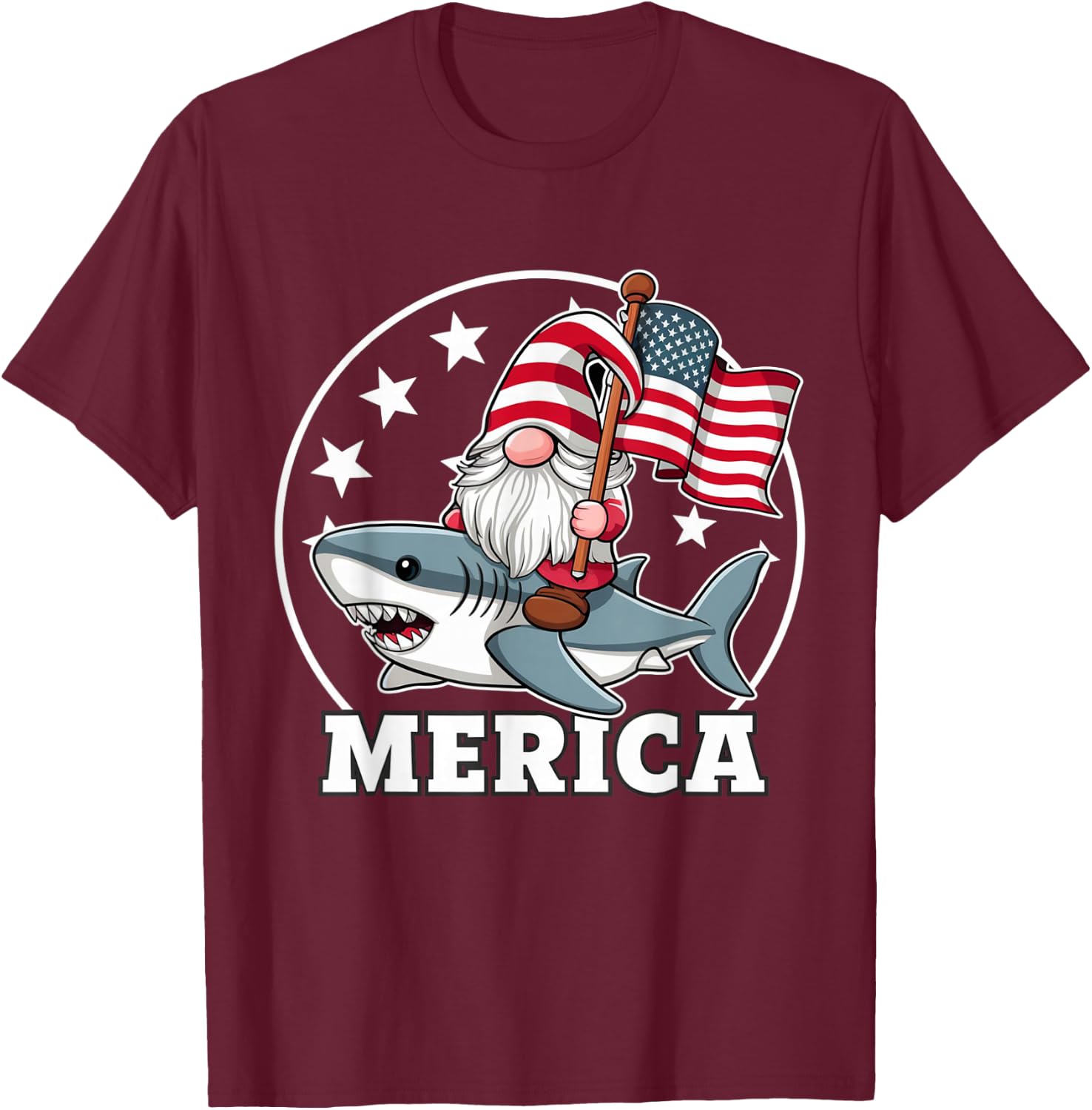 Funny Gnome Riding Shark American Flag USA 4th of July T-Shirt - T-Shirt | Maroon