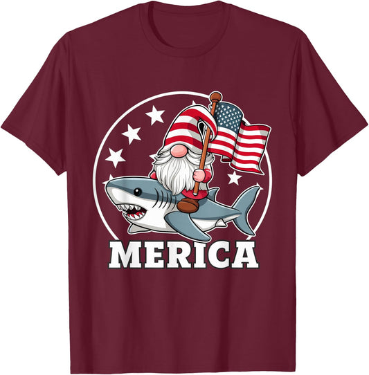 Funny Gnome Riding Shark American Flag USA 4th of July T-Shirt - T-Shirt | Maroon