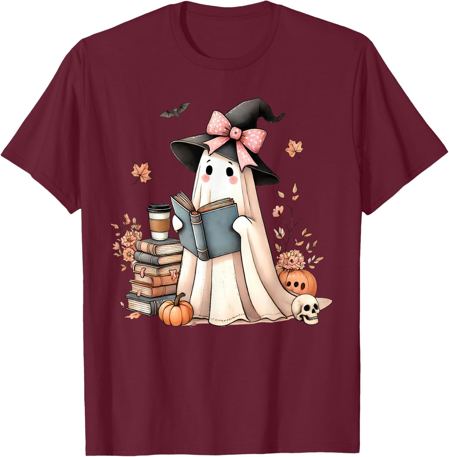 Retro Halloween Ghost Reading Books Teacher T-Shirt - T-Shirt | Maroon