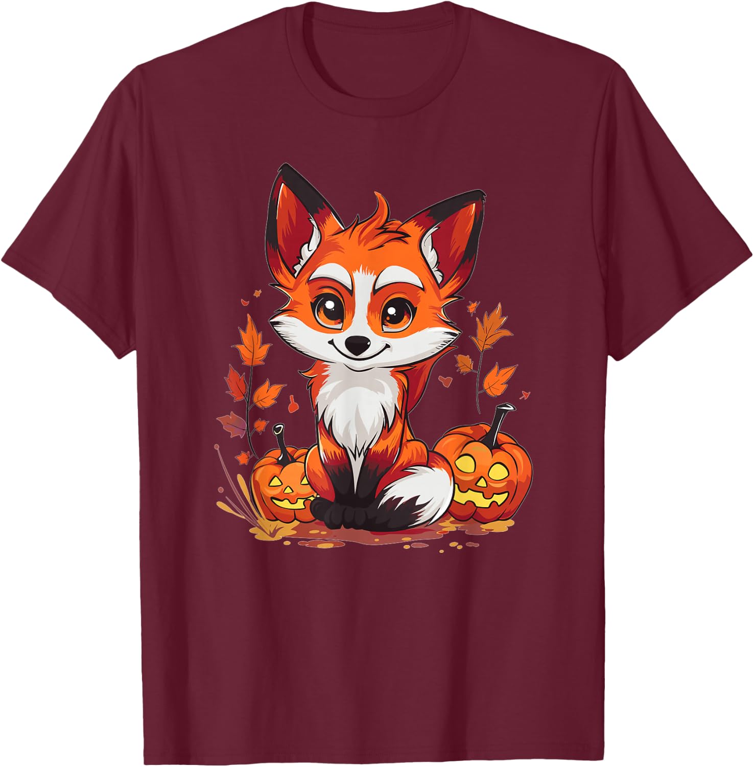 Cute Fox With Pumpkin I Halloween T-Shirt - T-Shirt | Maroon
