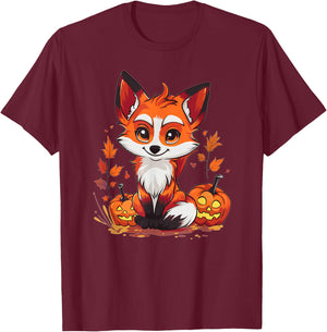Cute Fox With Pumpkin I Halloween T-Shirt - T-Shirt | Maroon