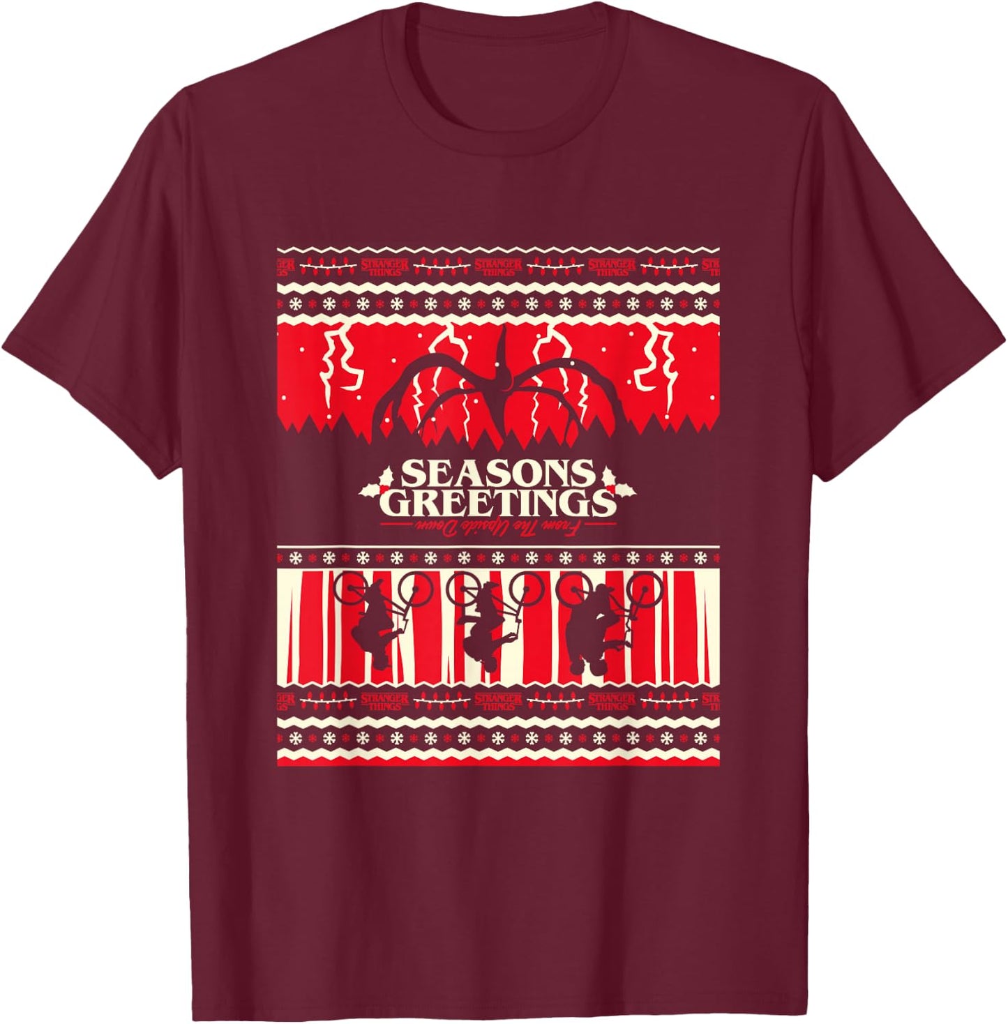 Stranger Things Christmas Seasons Greetings Upside Down Logo T-Shirt - T-Shirt | Maroon