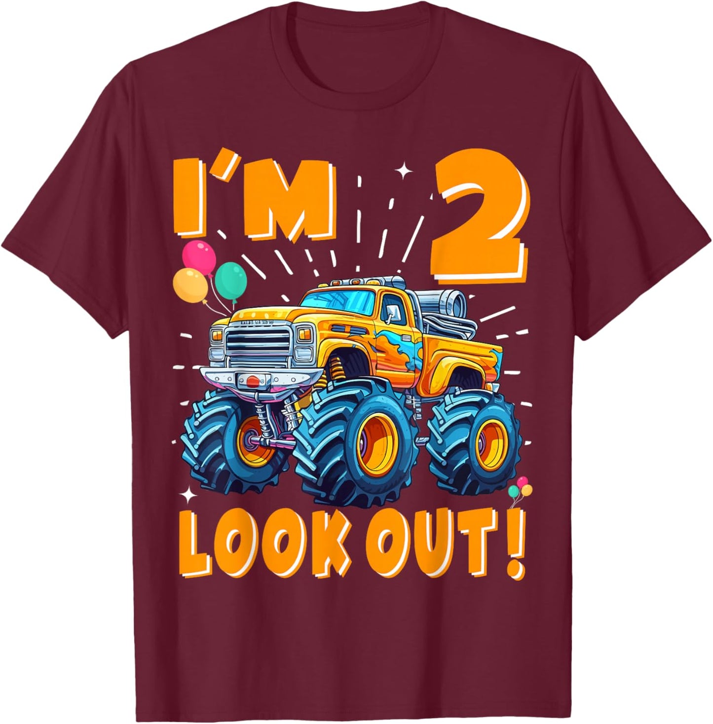 Two 2nd Birthday Boy Monster Truck Car 2 Years Old T-Shirt - T-Shirt | Maroon