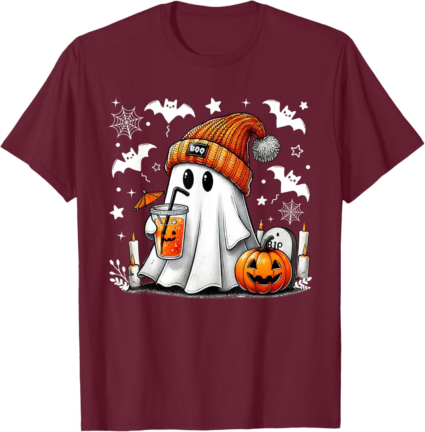 Cute Ghost Drinking Coffee Halloween Ghost Coffee T-Shirt - T-Shirt | Maroon