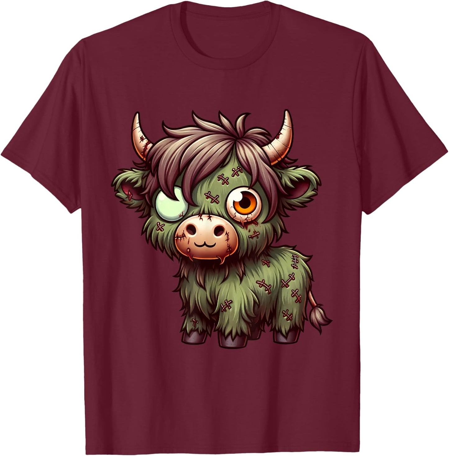 Highland Cow Zombie Halloween Farm Animal Women Girls T-Shirt - T-Shirt | Maroon