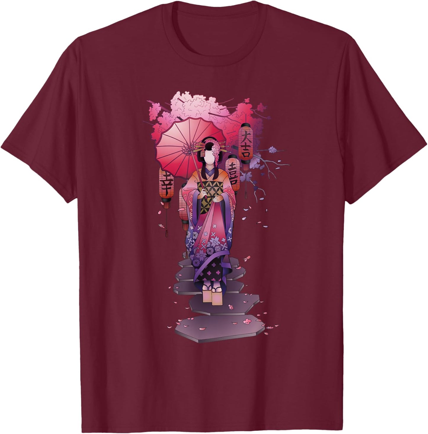 Vintage Japanese Kawaii Geisha Girl in Kimono Japan Art T-Shirt - T-Shirt | Maroon