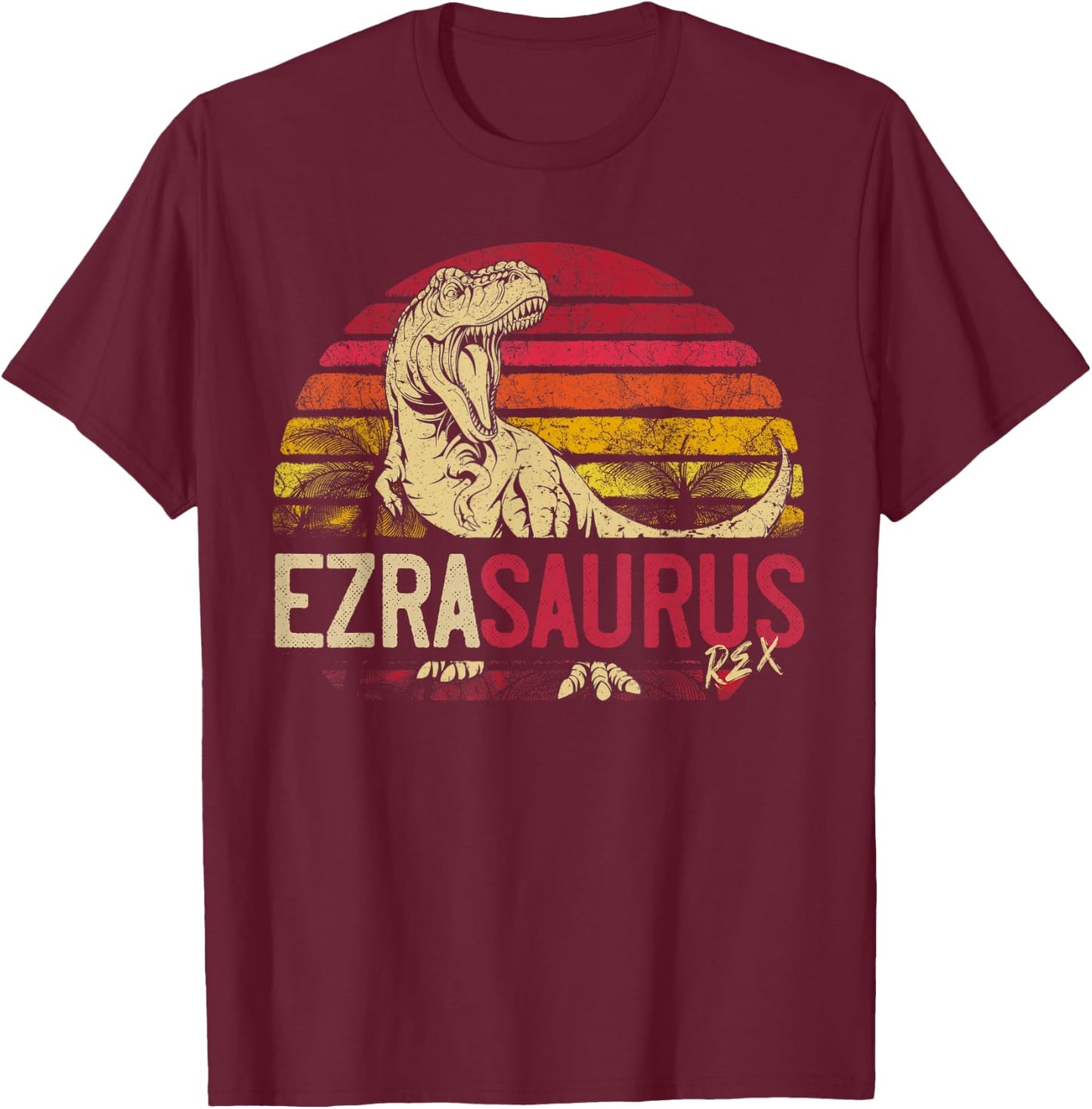 Ezra Saurus Funny Personalized Dinosaur T Rex Name Boys Gift T-Shirt - T-Shirt | Maroon