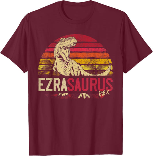 Ezra Saurus Funny Personalized Dinosaur T Rex Name Boys Gift T-Shirt - T-Shirt | Maroon