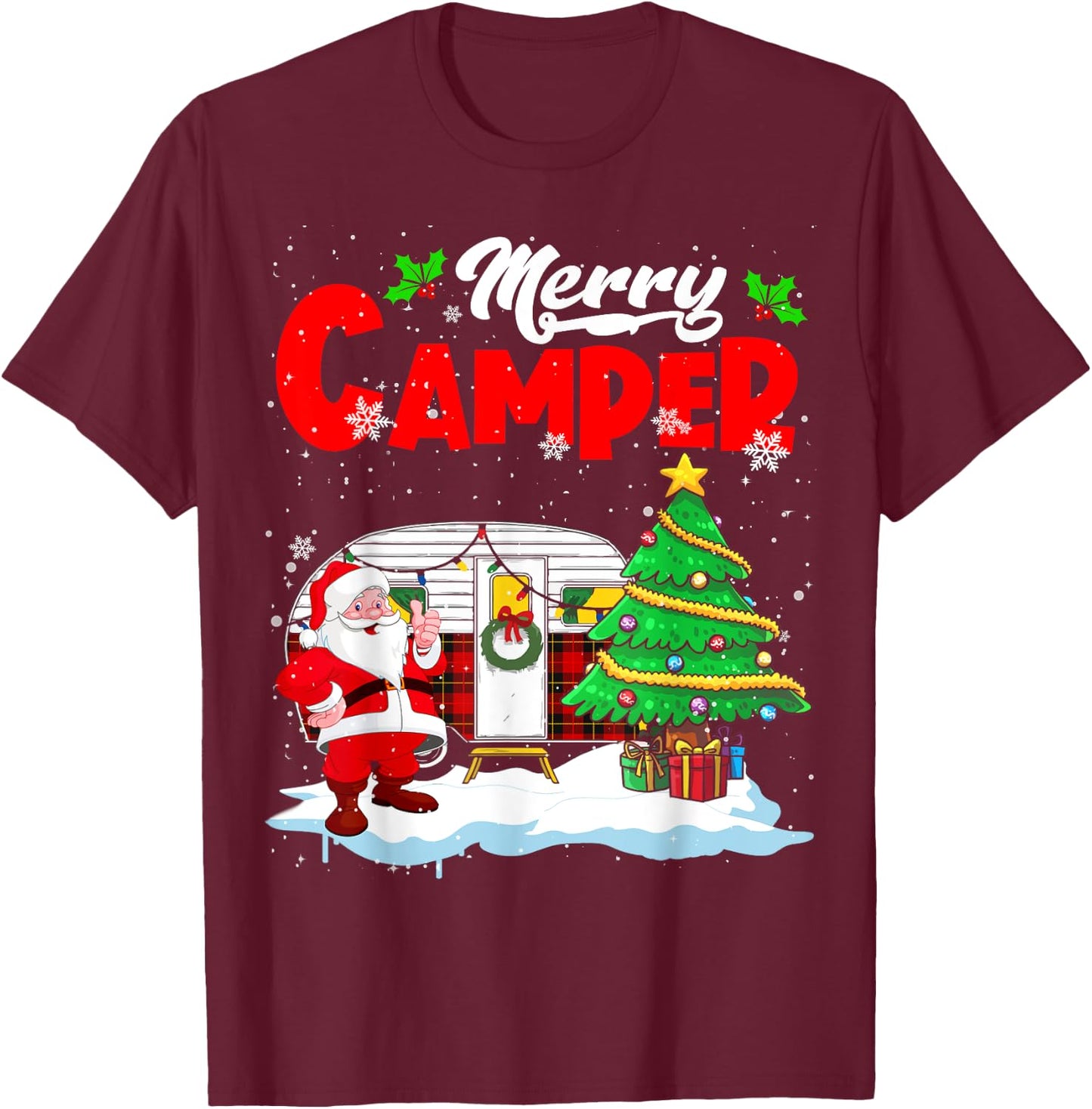 Merry Camper Christmas Santa Camper Camping Truck Red Plaid T-Shirt - T-Shirt | Maroon