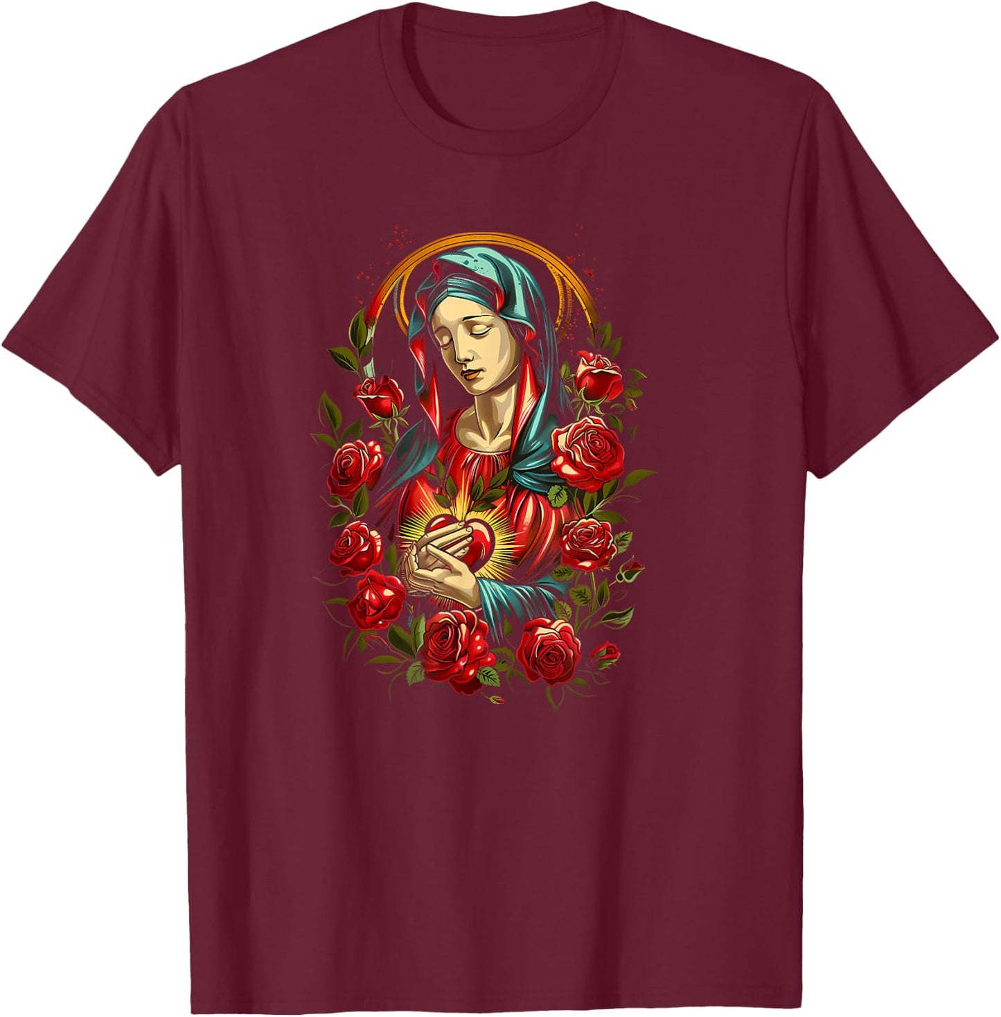 Mary Mother of God Heart of Virgin Art Deco Style Catholic T-Shirt - T-Shirt | Maroon