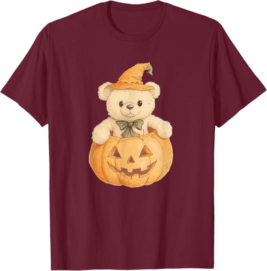 Cute Teddy Bear Pumpkin, Halloween Witch, Adorable Fall T-Shirt - T-Shirt | Maroon