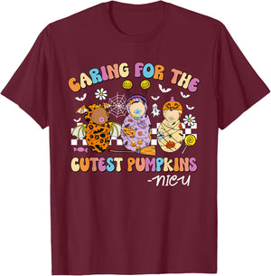 Retro Caring for The Cutest Pumpkins NiCU Nurse Halloween T-Shirt - T-Shirt | Maroon