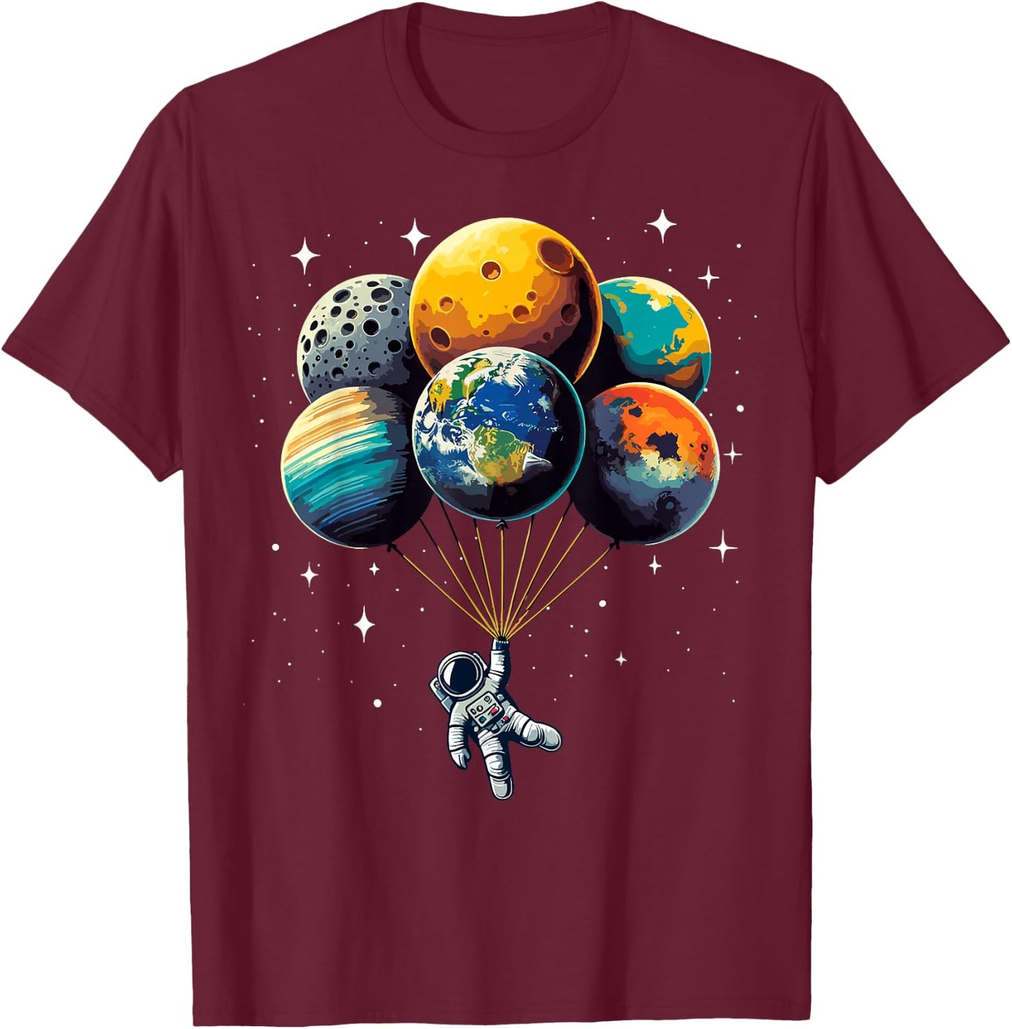 Astronaut Holding Planet Balloons Kids Solar System Space T-Shirt - T-Shirt | Maroon