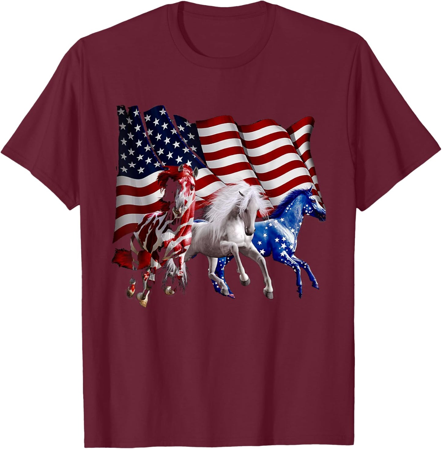 Happy 4th Of July American Flag Red White Horse And Blue T-Shirt - T-Shirt | Maroon