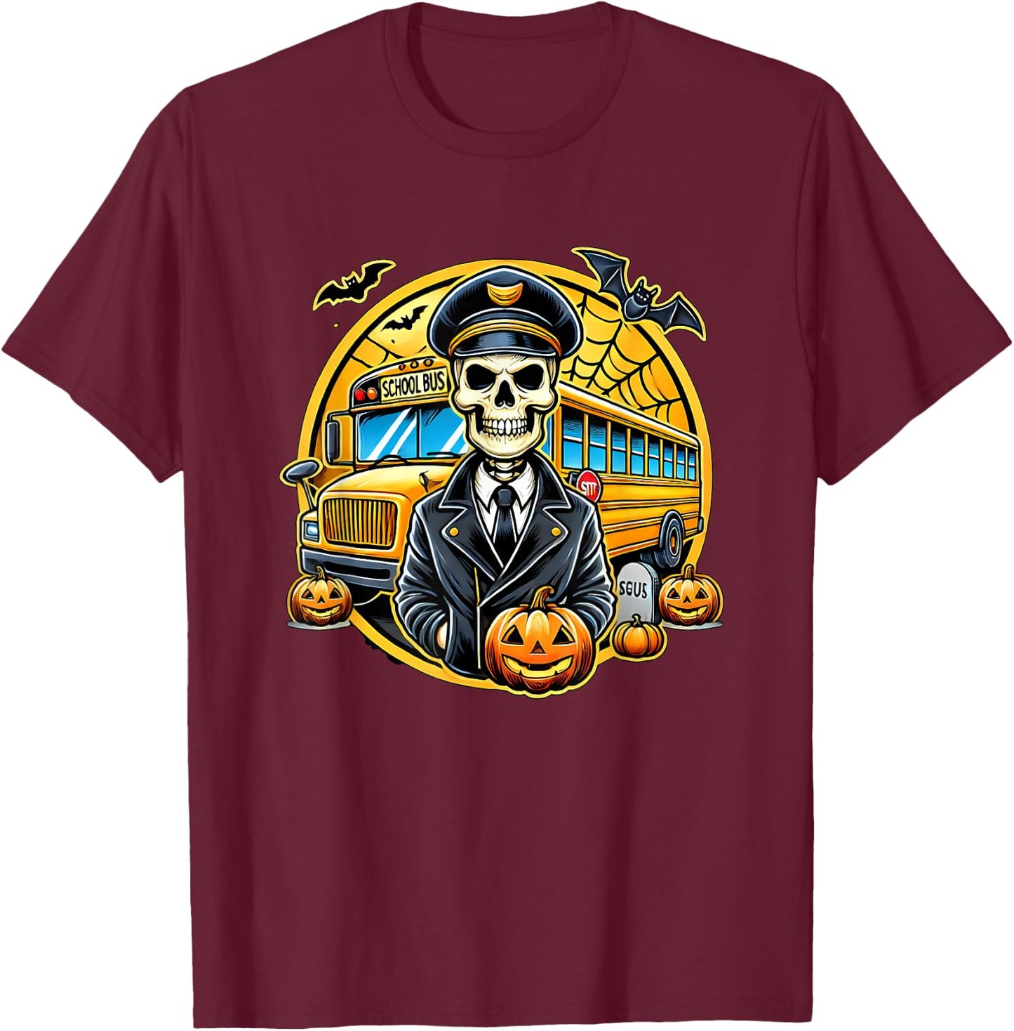 Halloween Skeleton School Bus Driver T-Shirt - T-Shirt | Maroon