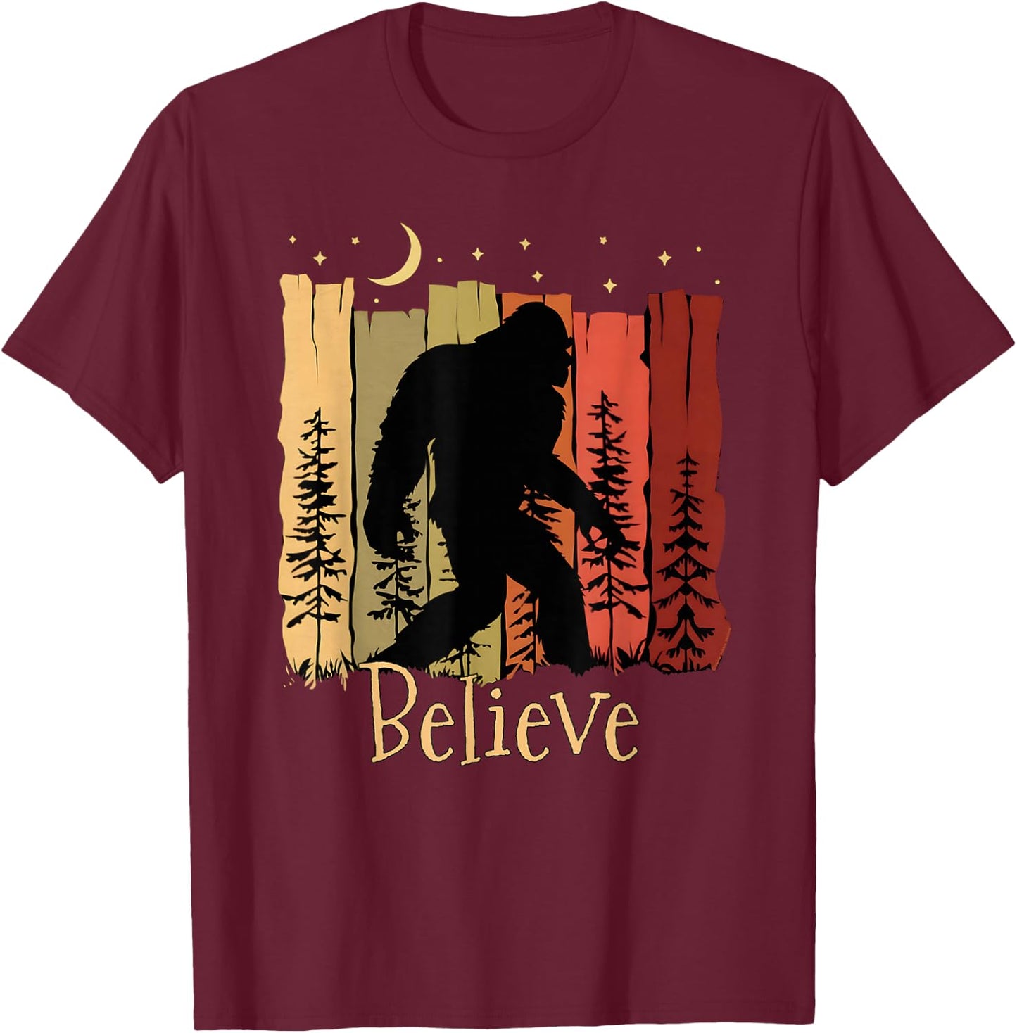 Bigfoot with Trees Moon Stars Sasquatch Believe Bigfoot T-Shirt - T-Shirt | Maroon