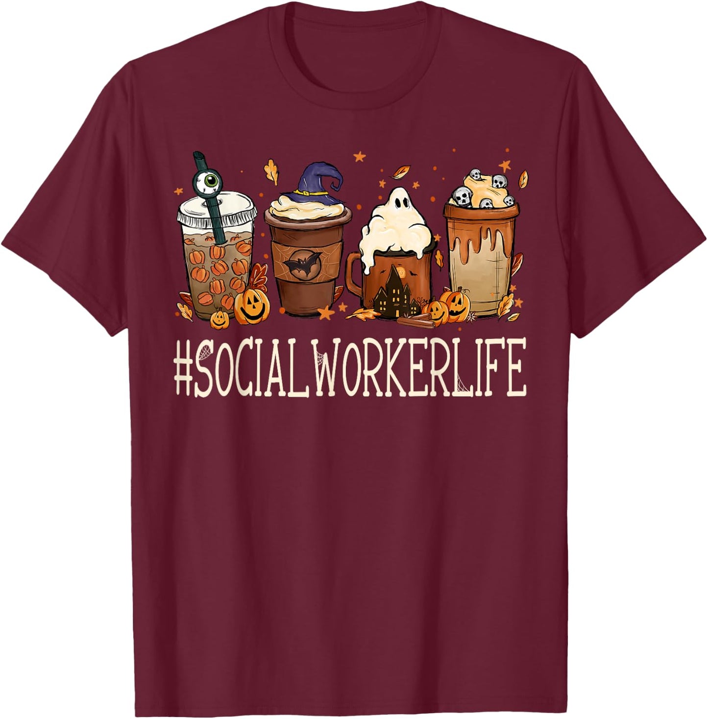 Social Worker Horror Fall Coffee Halloween Pumpkin Autumn T-Shirt - T-Shirt | Maroon
