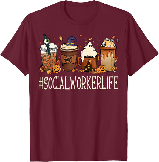 Social Worker Horror Fall Coffee Halloween Pumpkin Autumn T-Shirt - T-Shirt | Maroon