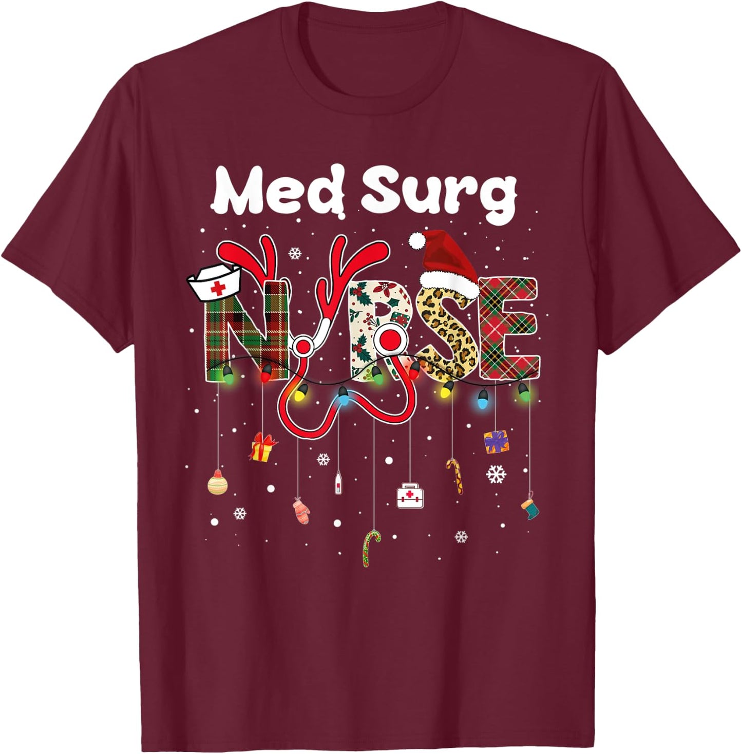 Med Surg Nurse christmas santa hat nursing X-Mas Pajama T-Shirt - T-Shirt | Maroon