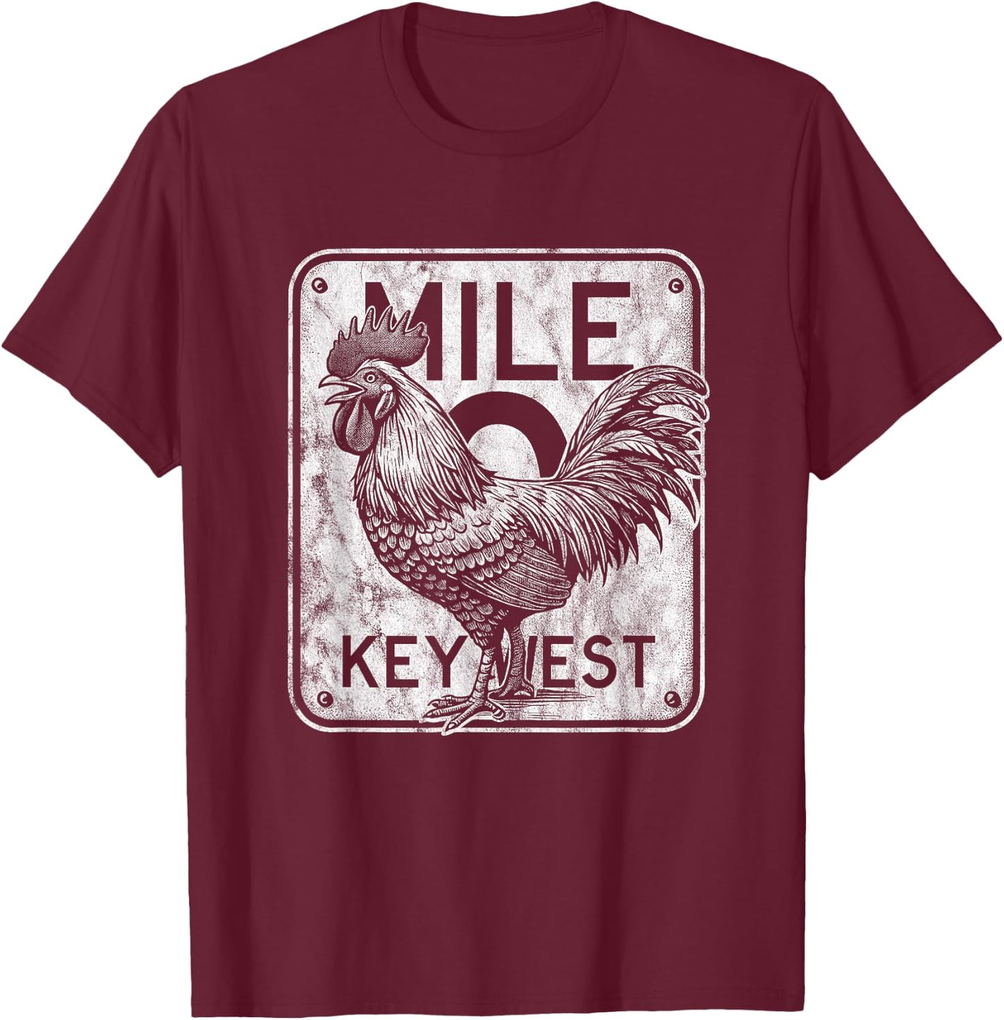 Key West Florida Chicken Retro Mile 0 Rooster Distressed T-Shirt - T-Shirt | Maroon