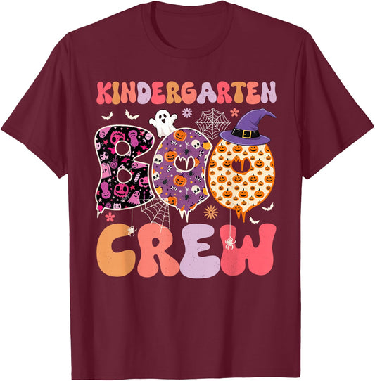 Kindergarten Boo Crew Funny Halloween Spooky Teacher Kids T-Shirt - T-Shirt | Maroon