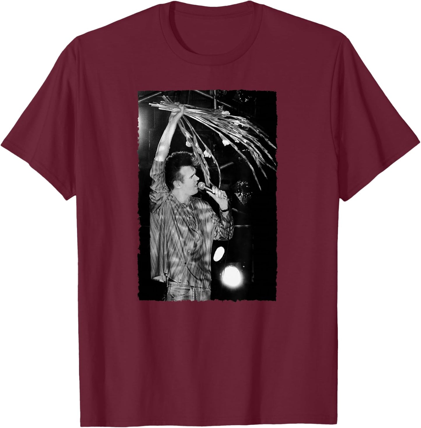 Morrissey of The Smiths Live with Flowers by Stephen Wright T-Shirt - T-Shirt | Maroon