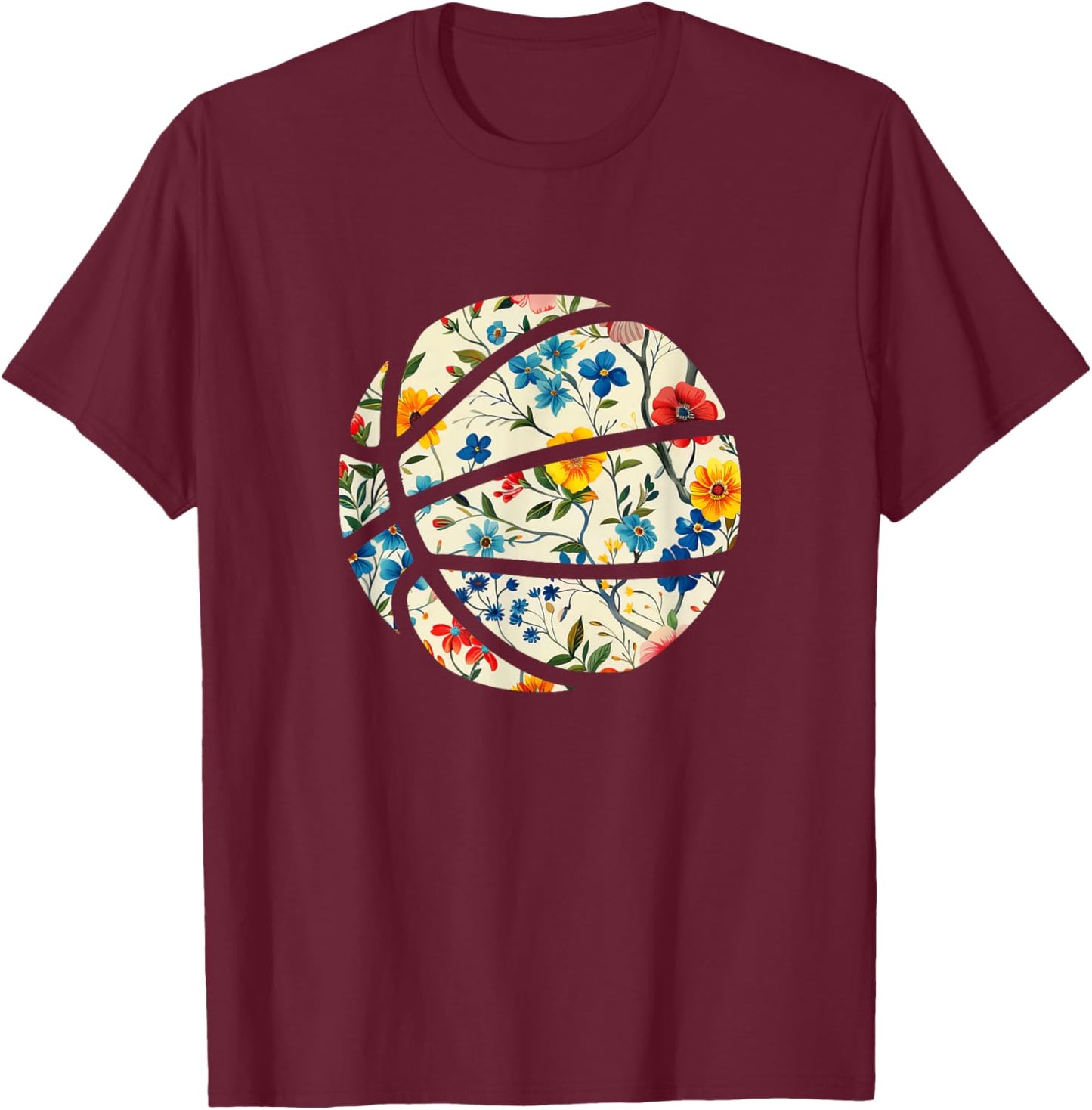Basketball Silhouette Flowers Botanical Floral T-Shirt - T-Shirt | Maroon