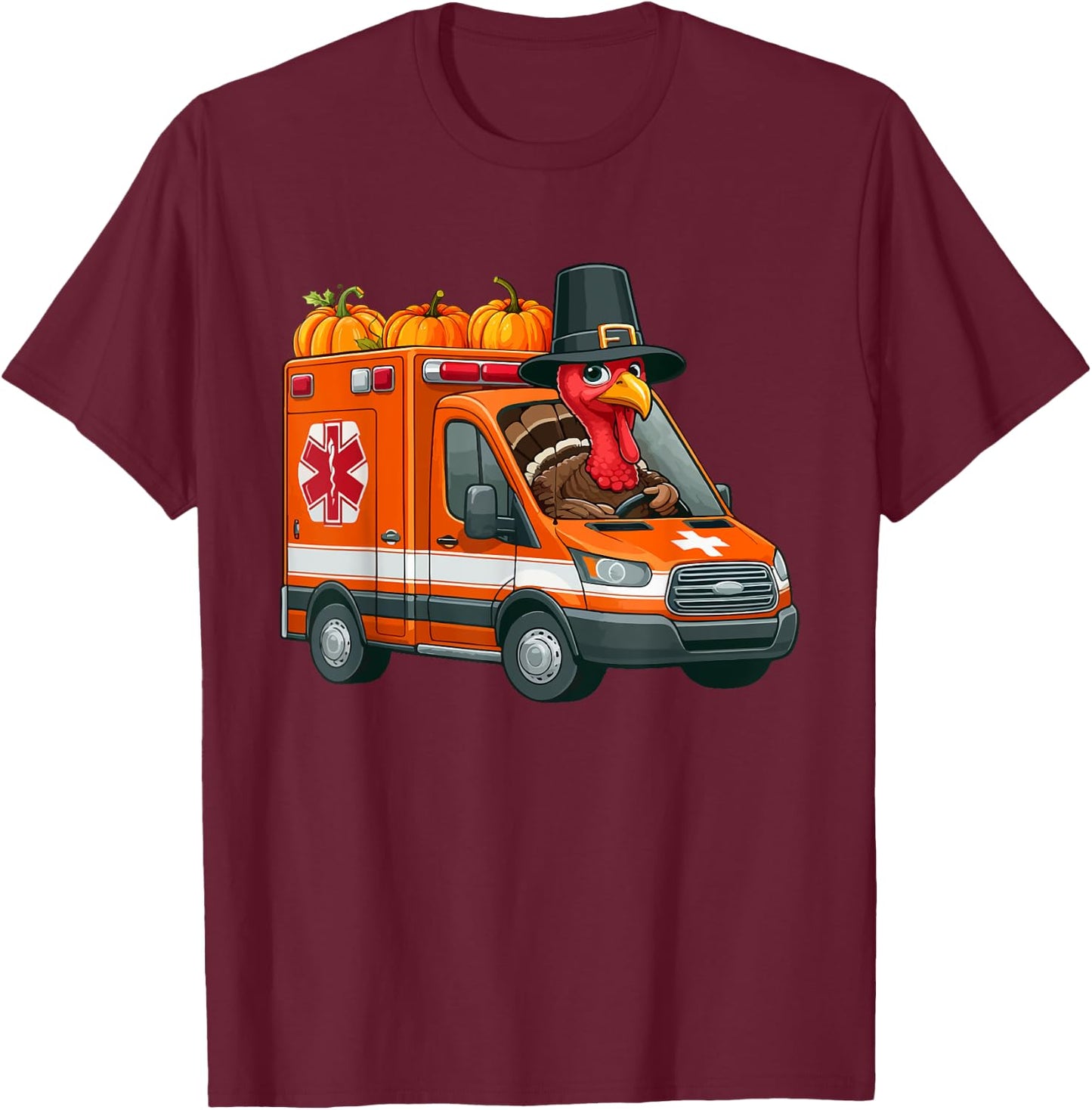 Turkey Driving Ambulance Thanksgiving Driver Fall Pumpkins T-Shirt - T-Shirt | Maroon