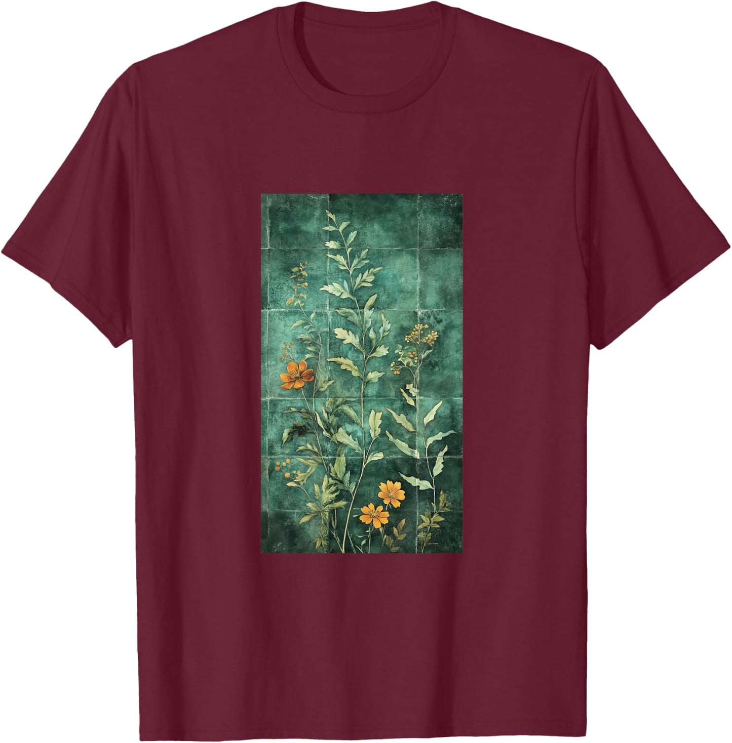 Vibrant Mosaic Tiles Floral Botanical Floral T-Shirt - T-Shirt | Maroon