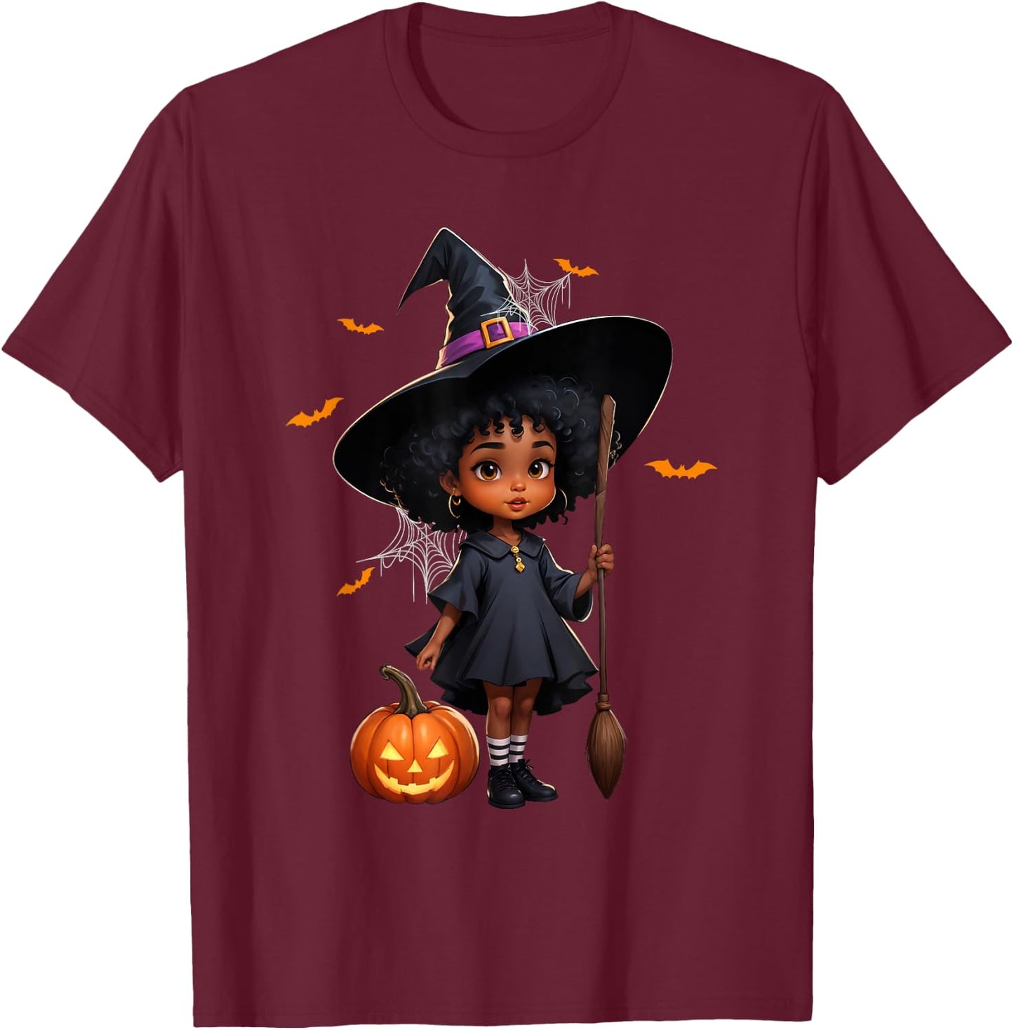 African American Black Girl Cute Witch Halloween Pumpkin T-Shirt - T-Shirt | Maroon