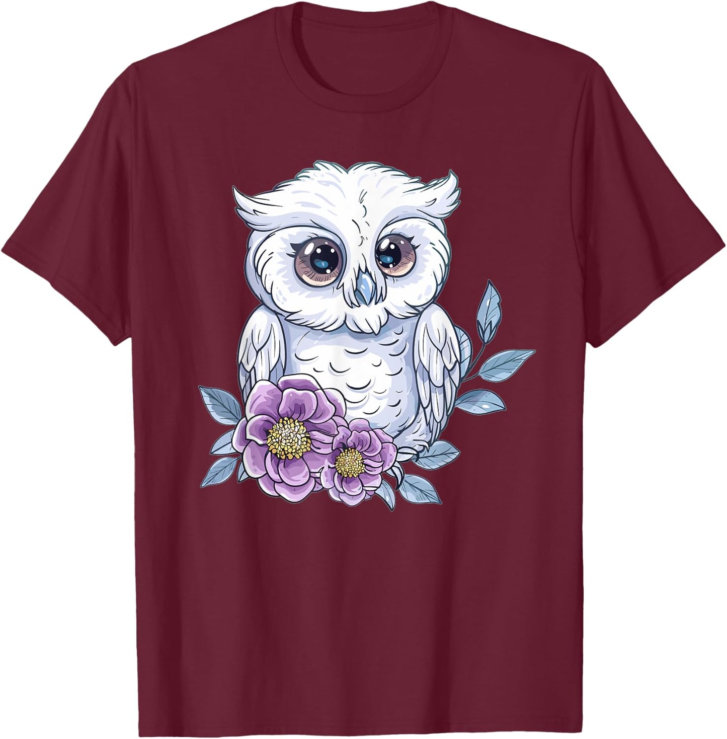 Cute Snowy Owl With Flowers I Snowy Owl T-Shirt - T-Shirt | Maroon