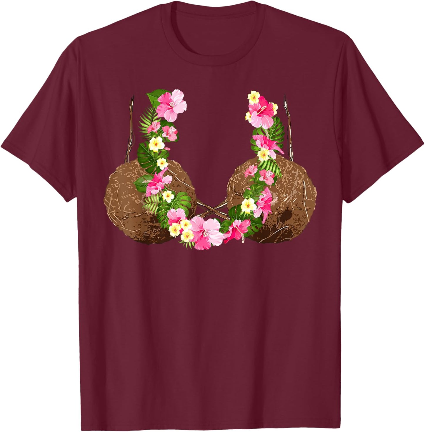 Funny Coconut Bra Hawaiian Tropical Beach Vibes Summer Girls T-Shirt - T-Shirt | Maroon