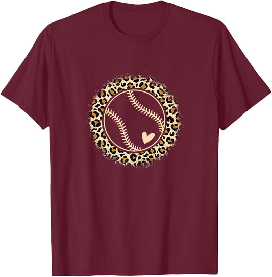 Cute Baseball Leopard Print Baseball Player Women Girls T-Shirt - T-Shirt | Maroon