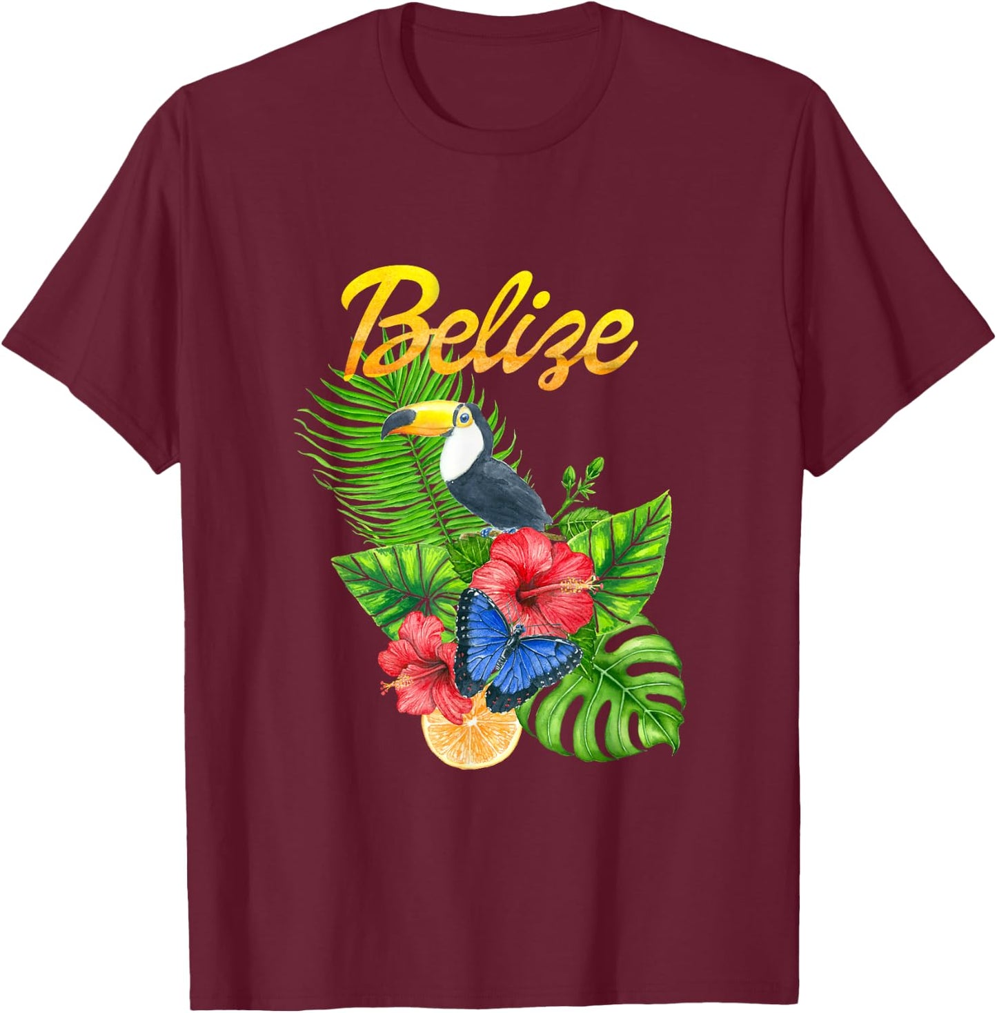 Toucan Bird Tropical Flowers Belize Travel Souvenir T-Shirt - T-Shirt | Maroon