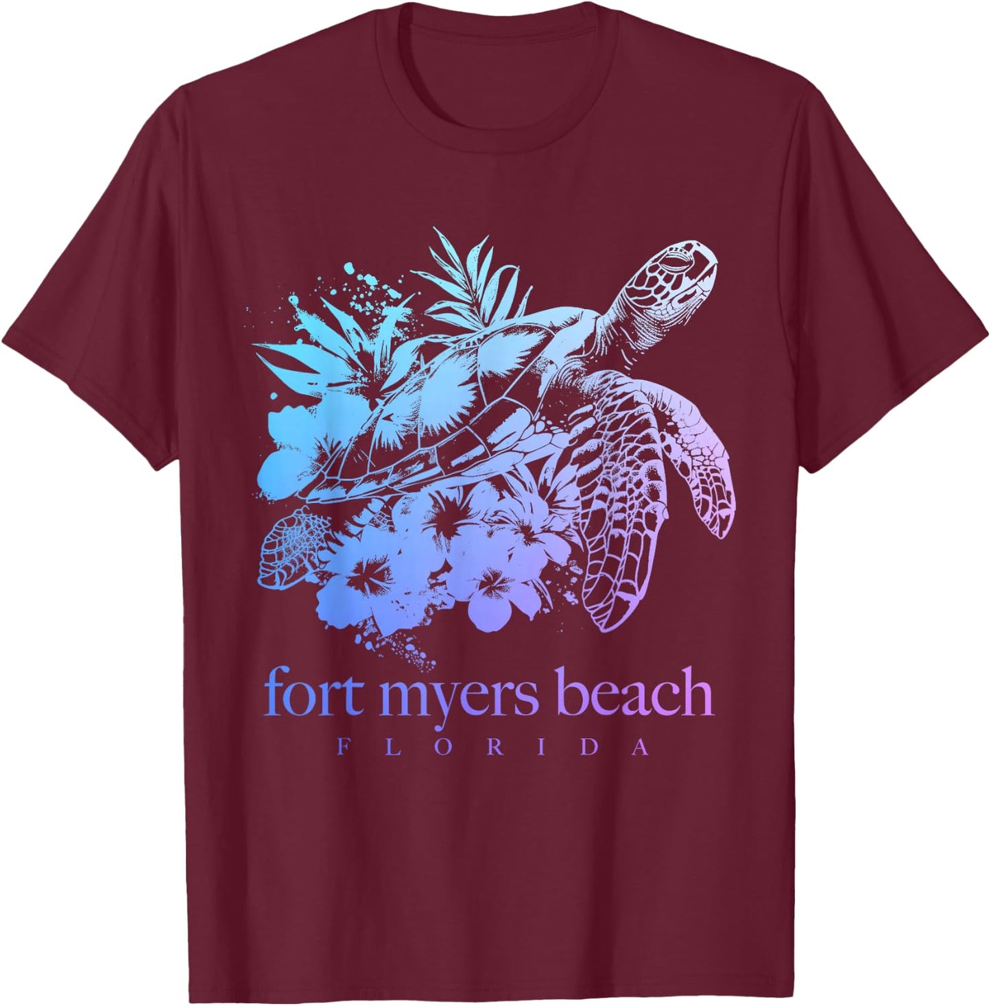Fort Myers Beach Florida Turtle Flowers Surfer Souvenir T-Shirt - T-Shirt | Maroon