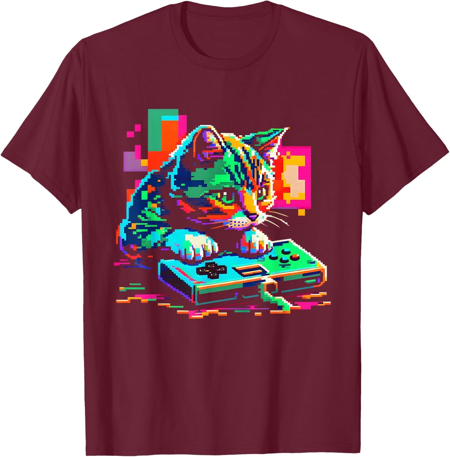 Cat Gaming 8-bit Gaming Cat Pixel Art Gamer Kitten Women Girls Kids T-Shirt - T-Shirt | Maroon