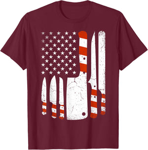 Chef Knives Cooking Utensil Cook American Flag Patriotic Women Men T-Shirt - T-Shirt | Maroon