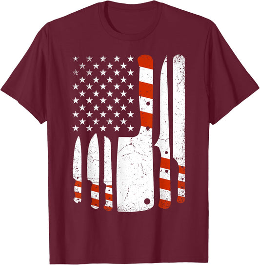 Chef Knives Cooking Utensil Cook American Flag Patriotic Women Men T-Shirt - T-Shirt | Maroon