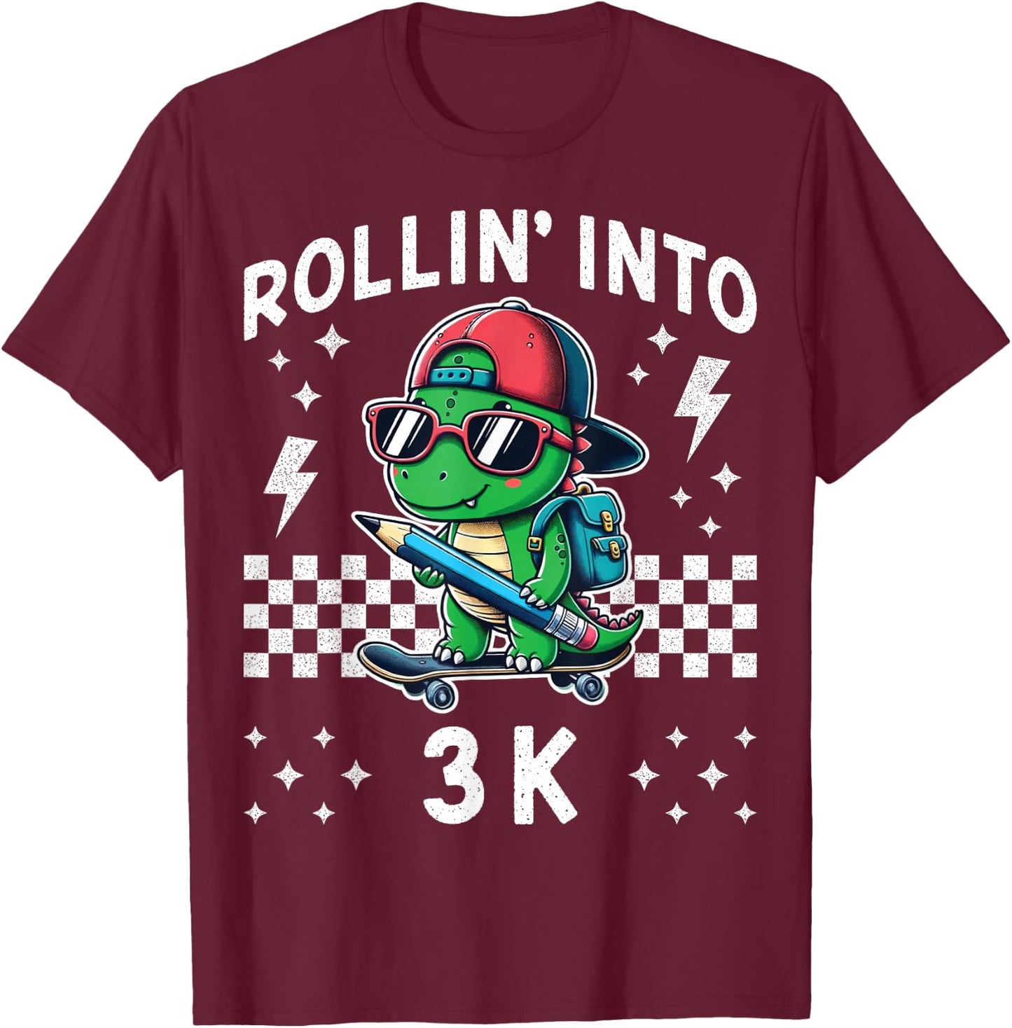 Rollin Into 3K Dinosaur First Day of K3 Kid I’m Ready for 3K T-Shirt - T-Shirt | Maroon