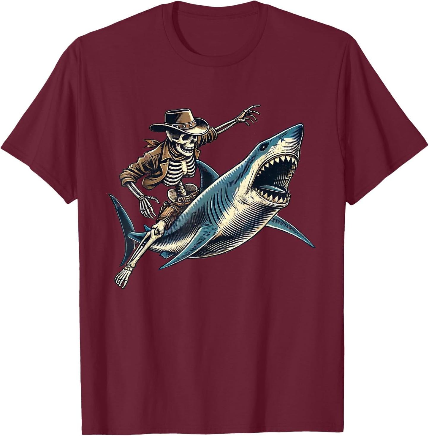 Skeleton Rodeo Shark Funny Vintage Skeleton Riding Shark T-Shirt - T-Shirt | Maroon