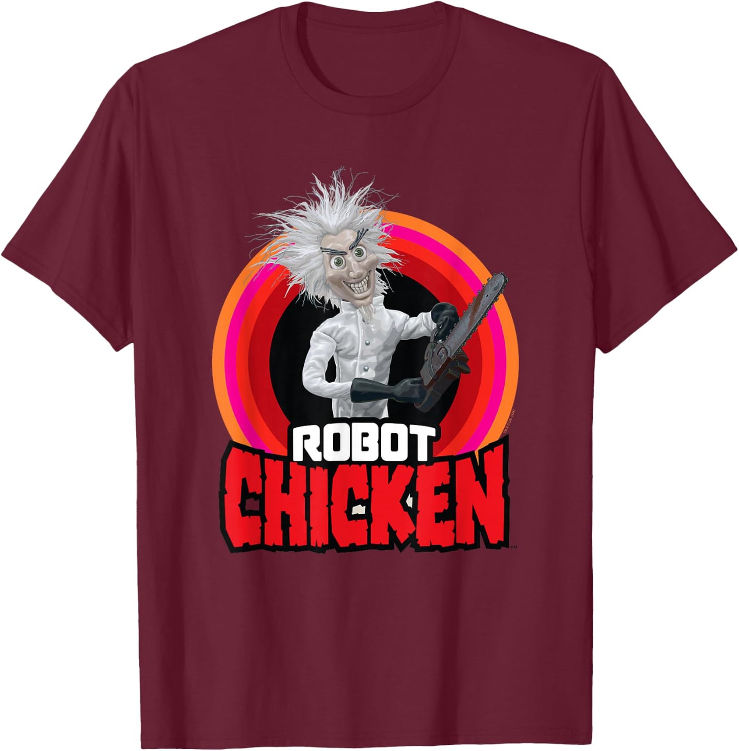 Robot Chicken Fritz Mad Scientist Chainsaw T-Shirt - T-Shirt | Maroon