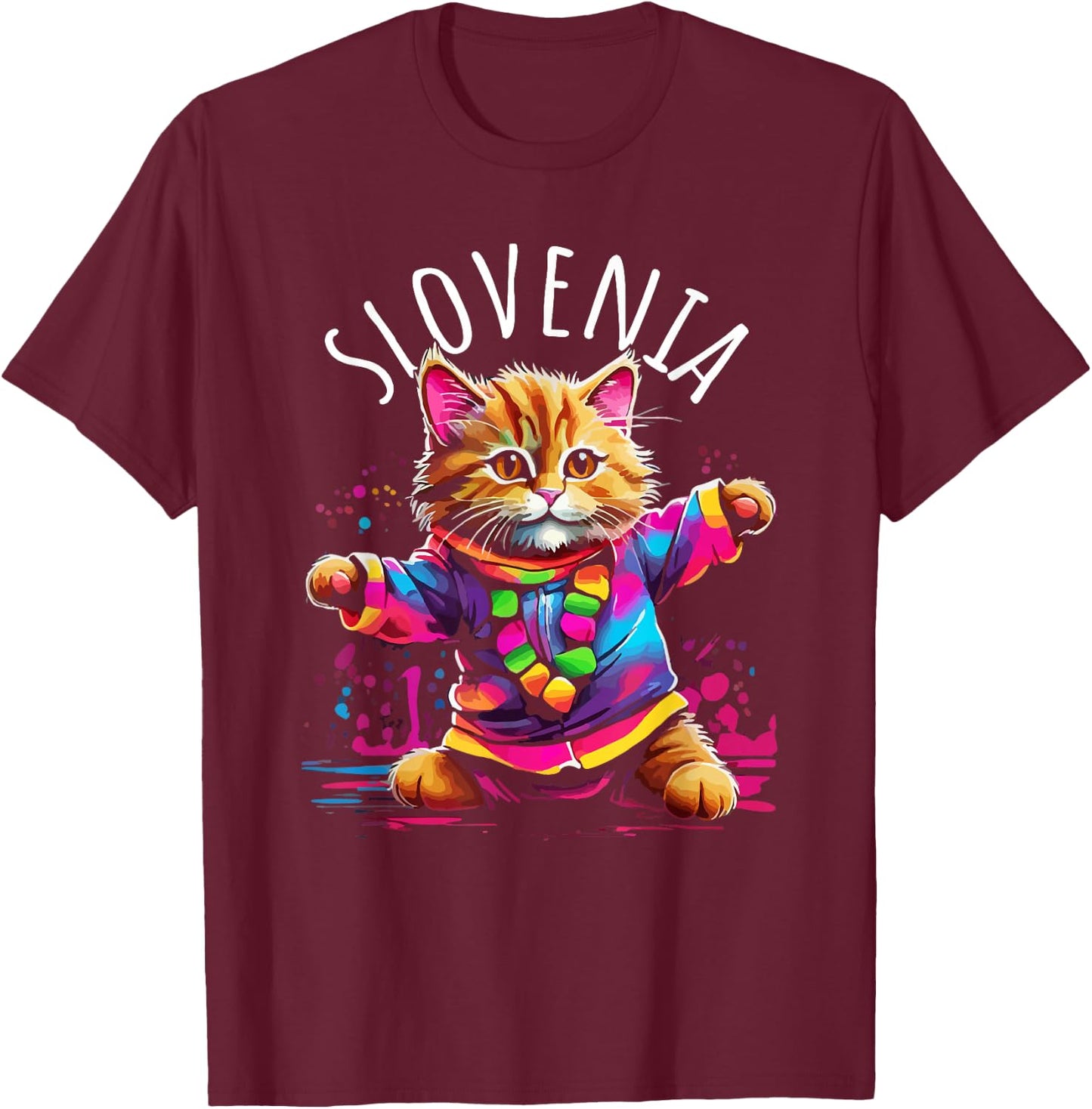 Slovenia Quirky Funny Cute Colorful Dancing Cat Design T-Shirt - T-Shirt | Maroon