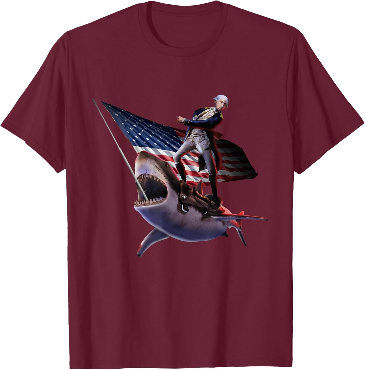 George Washington Riding Shark, 4th July, Patriotic Funny T-Shirt - T-Shirt | Maroon