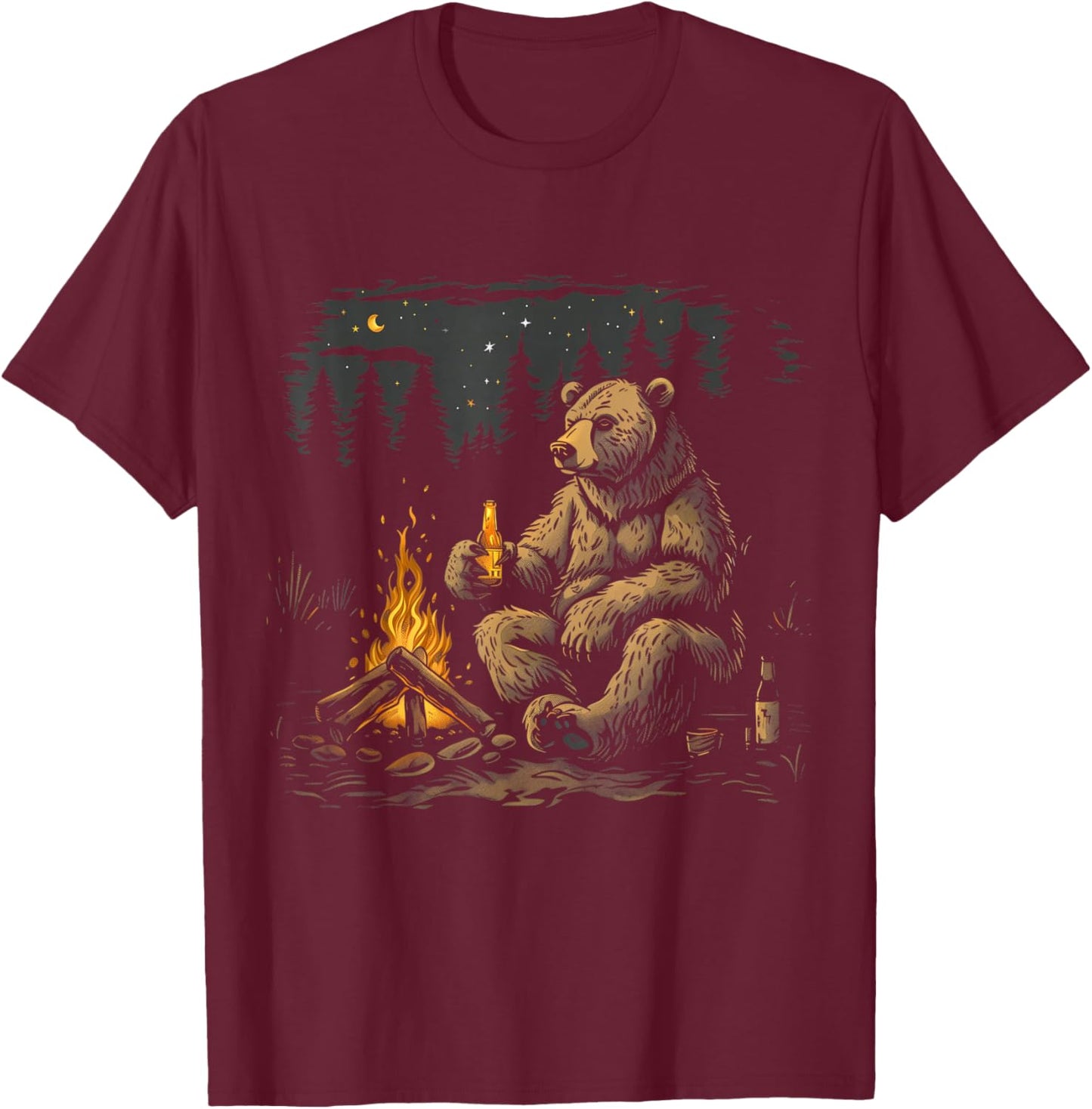 Camping Grizzly Bear Drinking Beer Hiking Nature Outdoor T-Shirt - T-Shirt | Maroon
