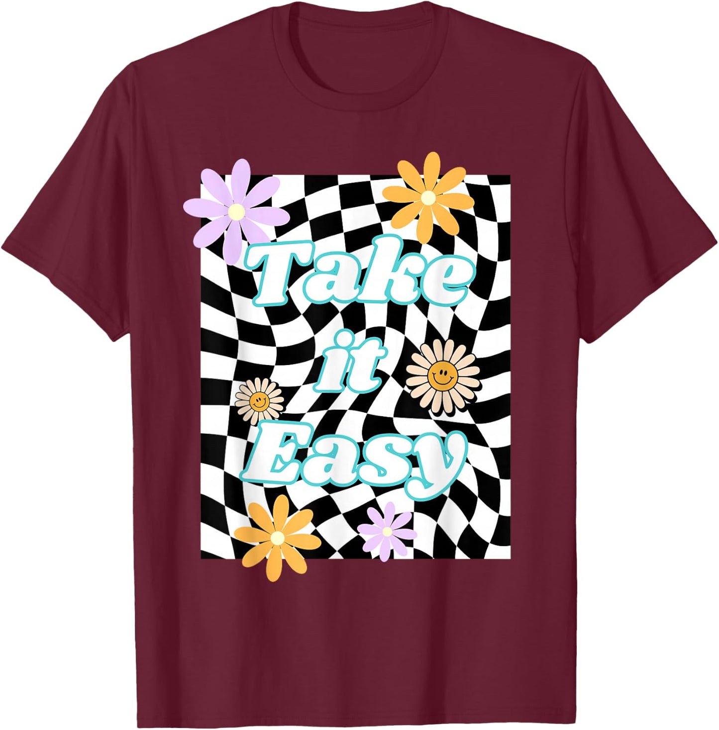 Take It Easy Checkered Groovy Smile Daisy Retro Flower T-Shirt - T-Shirt | Maroon