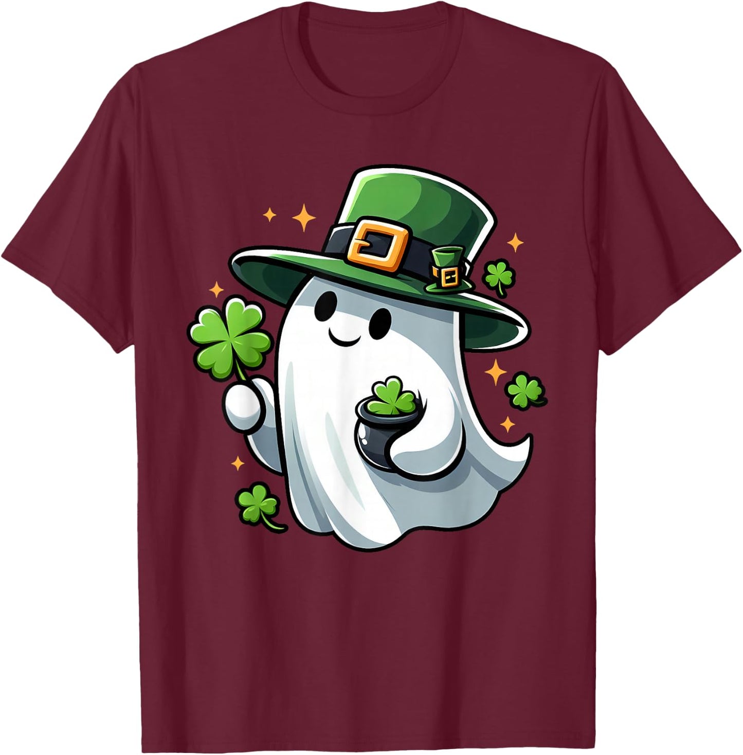 Saint Patricks Day Ghost Clover Pocket Cute My Boo Men Women T-Shirt - T-Shirt | Maroon